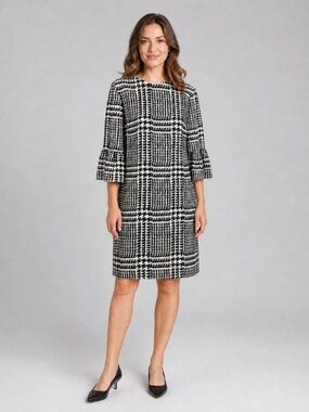 ZARA Black White Houndstooth Plaid Bell Sleeve Mini Shift Dress M